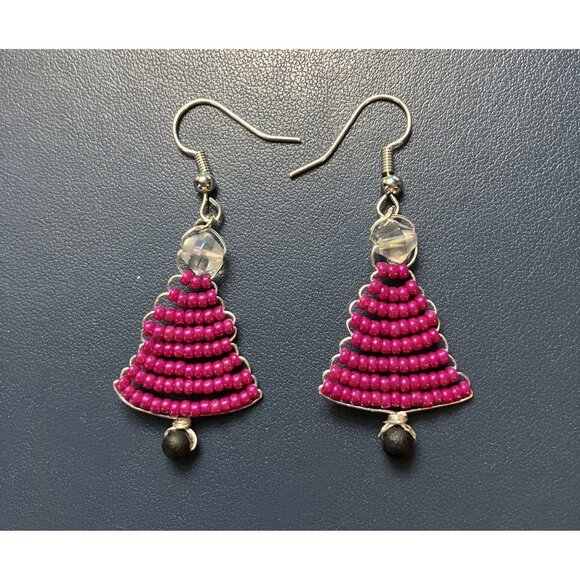 Beaded Fuscia Tree Earrings Holiday Christmas Winter Earrings - Picture 1 of 5